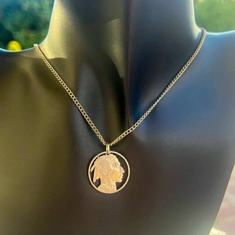 Vintage 1937 Buffalo Nickle Cut Out Native Chief Necklace Unisex - Picture 1 of 8